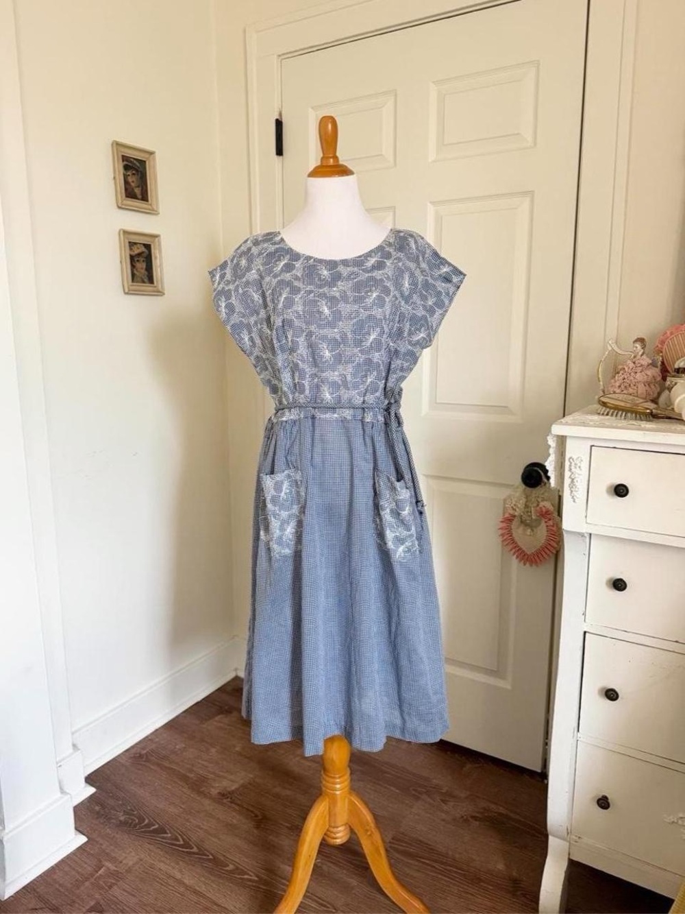 Vintage 1950s Blue Gingham Wrap Dress